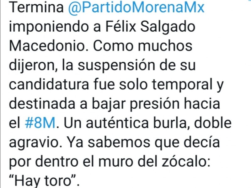 Calderón critica ratificación de Félix Salgado como candidato de Morena