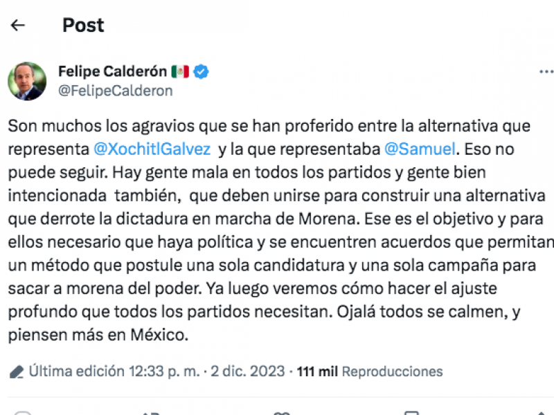 Calderón llama a construir candidatura presidencial única