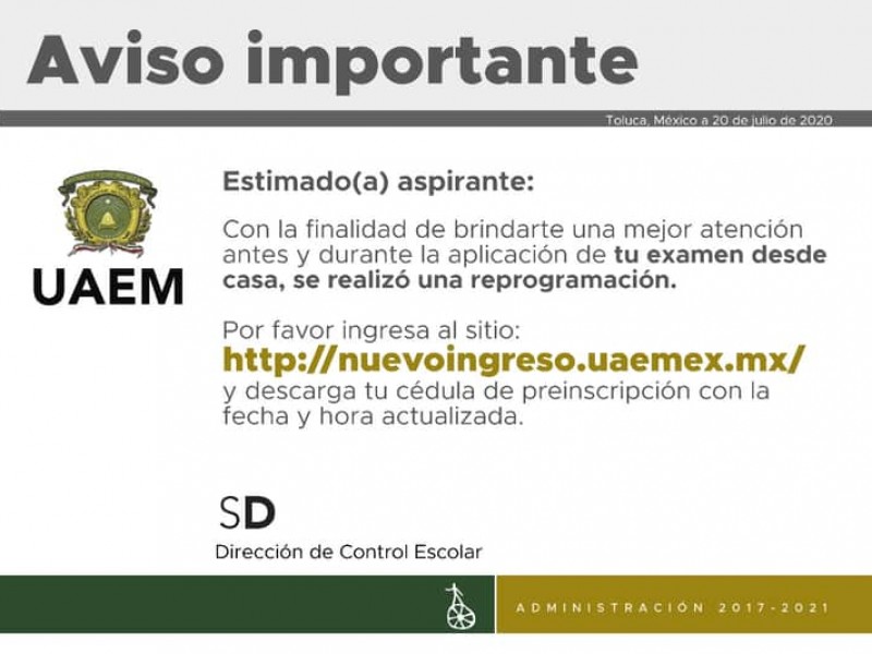 Cambian fechas y horarios para examen de ingreso a UAEM