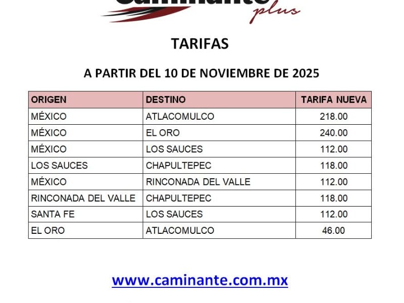 Caminante anuncia incremento en sus tarifas a partir del 10 de noviembre