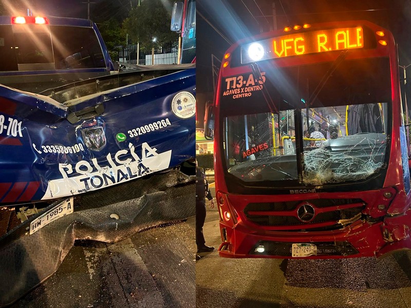 Camión urbano sin frenos choca contra patrulla de Tonalá; 17 lesionados leves