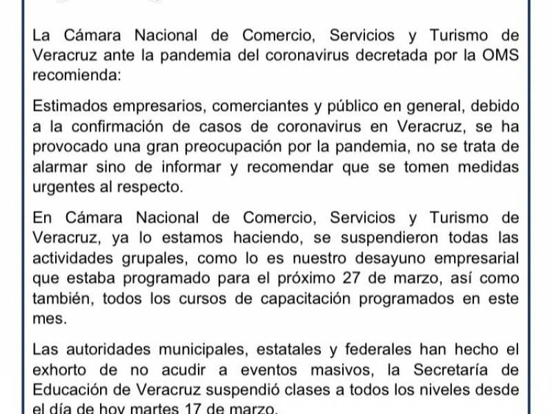 Canaco Veracruz se suma a la suspensión de actividades