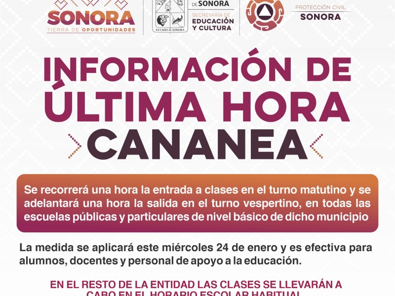 Cananea modificara horario de clases este miércoles 24 :SEC Sonora