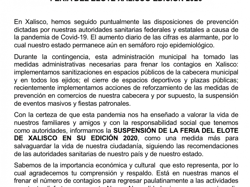 Cancelación de la feria del elote afectará a 150 familias