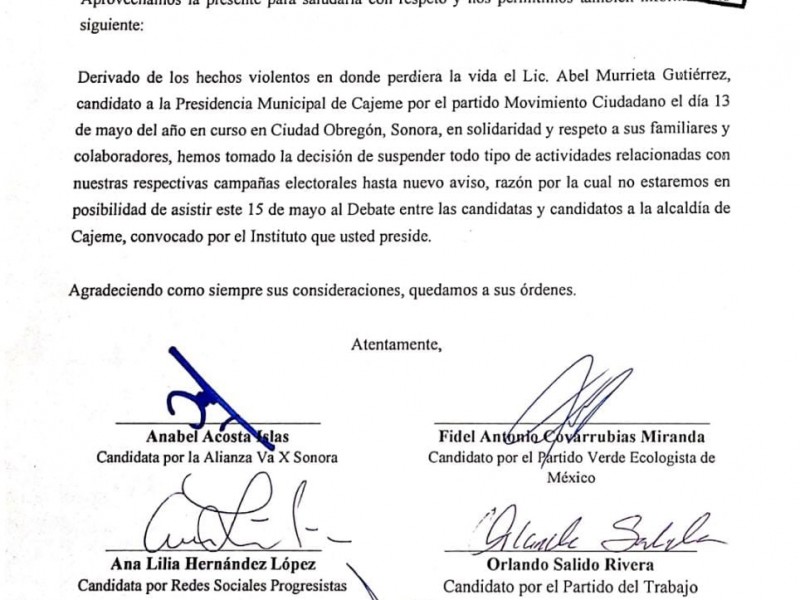 Cancelan candidatos de Cajeme asistencia al debate