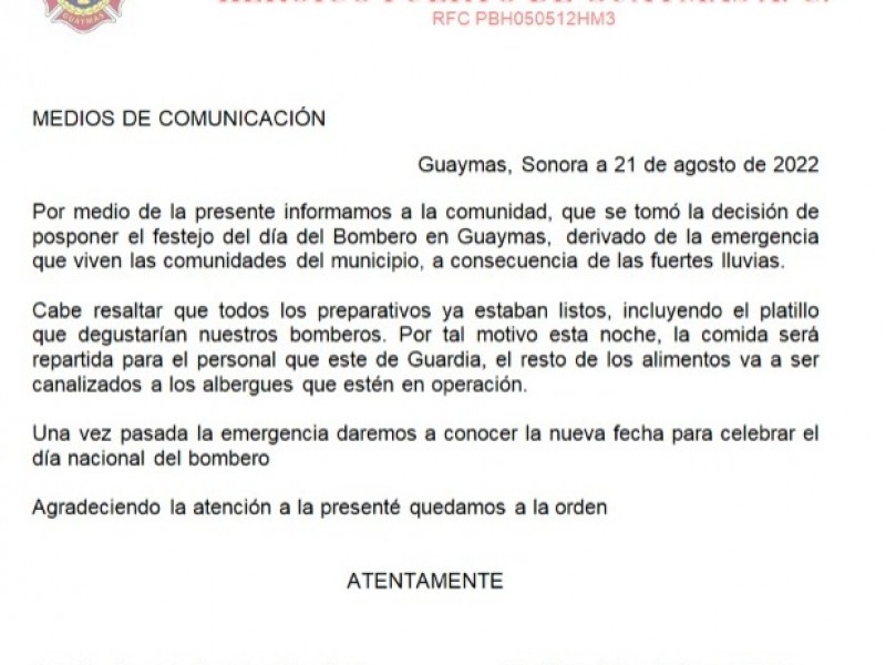 Cancelan celebración Bomberos Guaymas, donarán cena a albergues