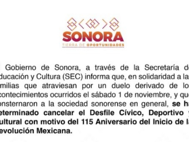 Cancelan desfile de la Revolución en Hermosillo por respeto a víctimas