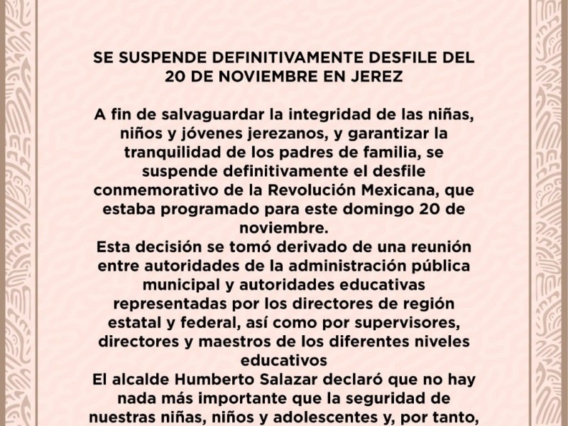 Cancelan desfile del 20 de noviembre en Jerez por inseguridad