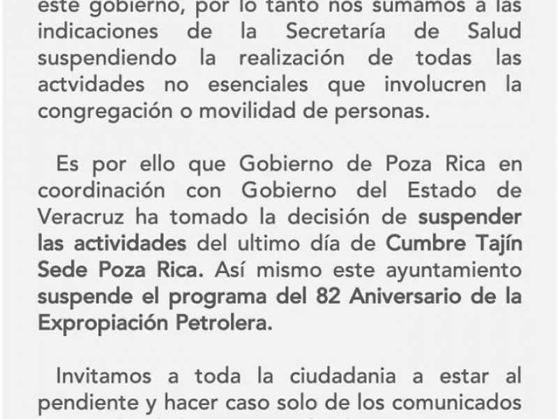 Cancelan desfile en Poza Rica
