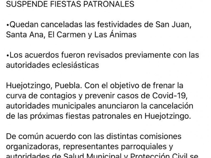 Cancelan feria patronal que pensaban llevar a cabo en Huejotzingo