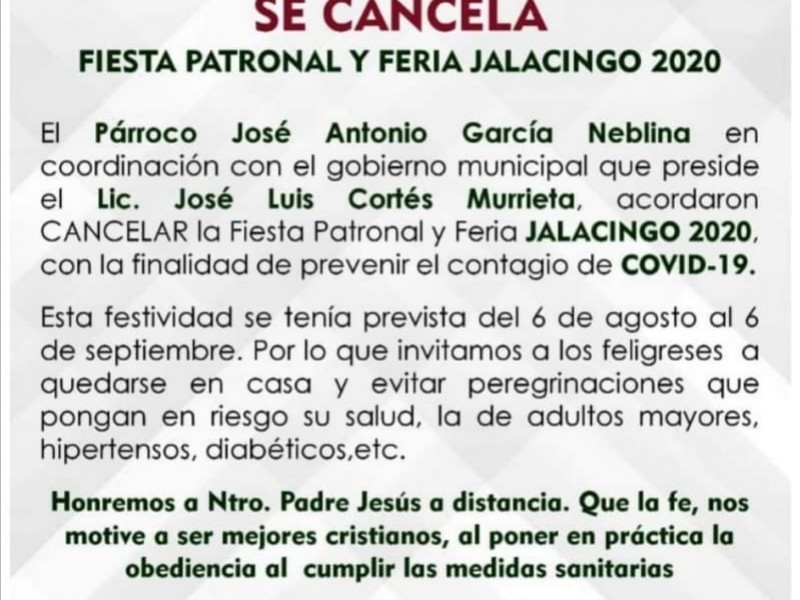 Cancelan fiesta patronal de Jalacingo