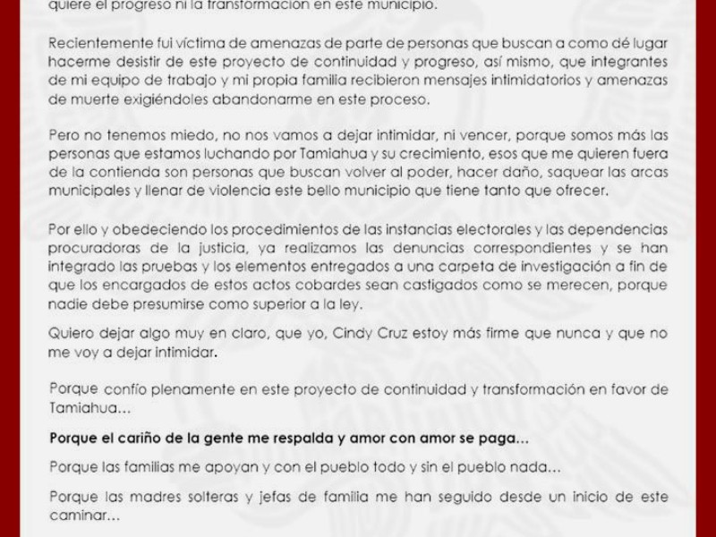 Candidata de Morena en Tamiahua recibe amenazas