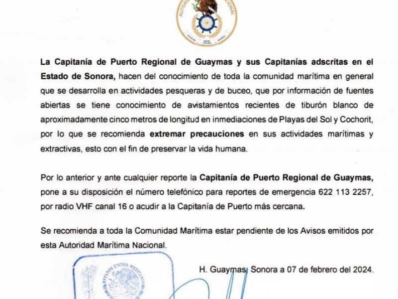 Capitanía de Puerto exhorta a precaución por tiburón