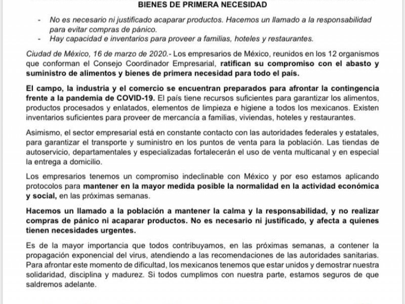 CCE considera que hay abasto suficiente de alimentos y productos