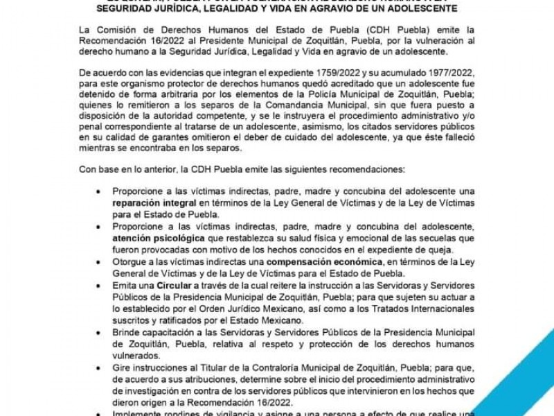CDH emite recomendaciones a Zoquitlán tras suicidio de menor (separos)