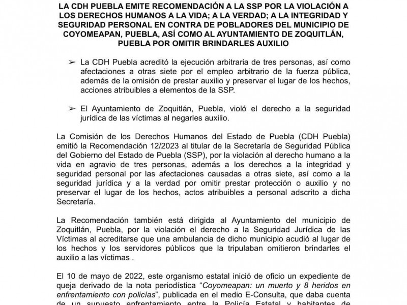 CDH: Hubo omisiones, falsedades en asesinato de habitantes de Coyomeapan