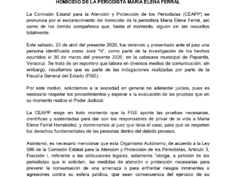 CEAPP se pronuncia ante detenciones por caso Ferral