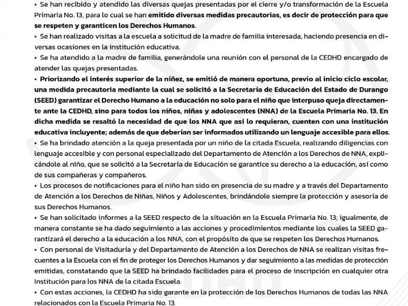 CEDH de Durango comunicas las acciones realizadas en el tema de la escuela #13