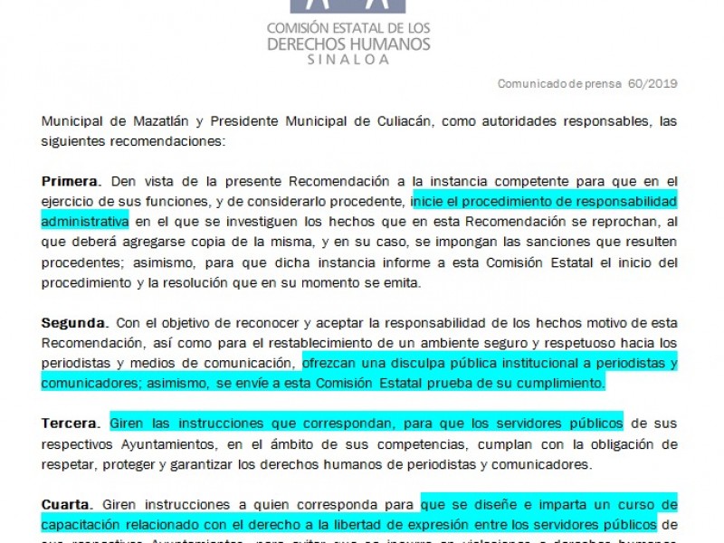 CEDH pide a Alcaldes disculparse con la prensa