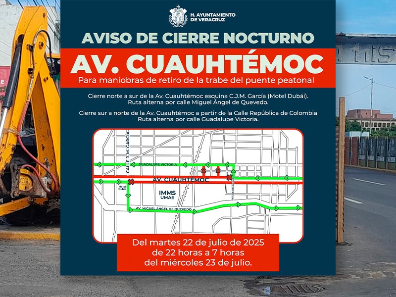 Cerrarán avenida Cuauhtémoc por obras en puente peatonal