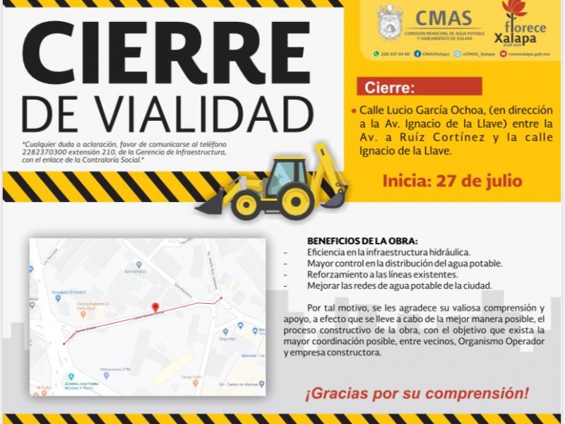 Cierre de calles a partir de este lunes en Xalapa