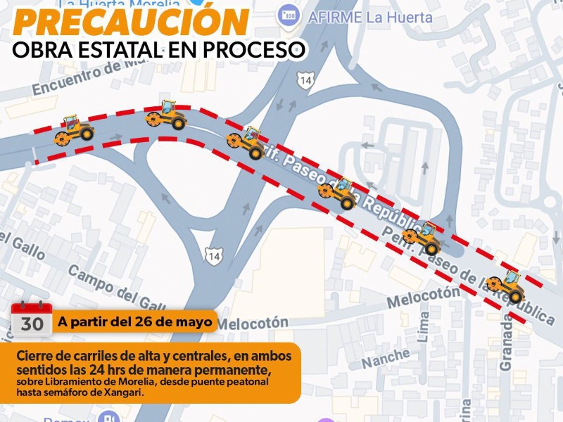 Cerrarán carriles en libramiento de Morelia por La Huerta