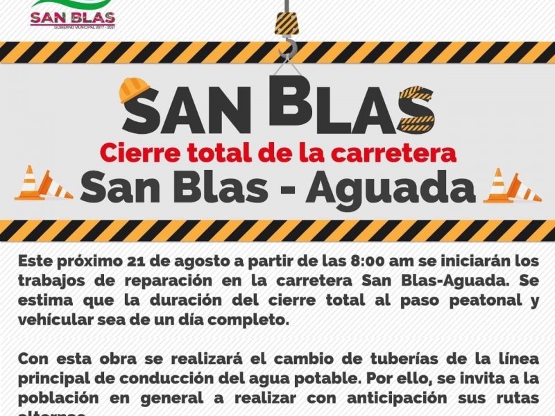 Cerrarán paso vehicular en carretera de San Blas