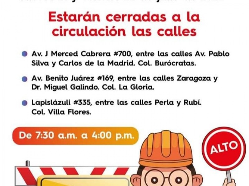 Cerrarán vialidades en Villa de Álvarez por obras de reparación