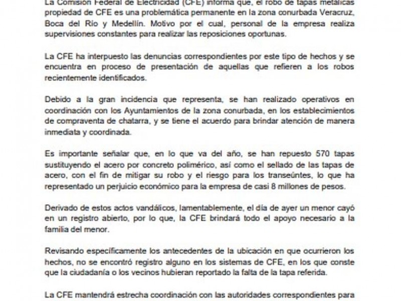 CFE afirmó que apoyará a familia de niño que murió