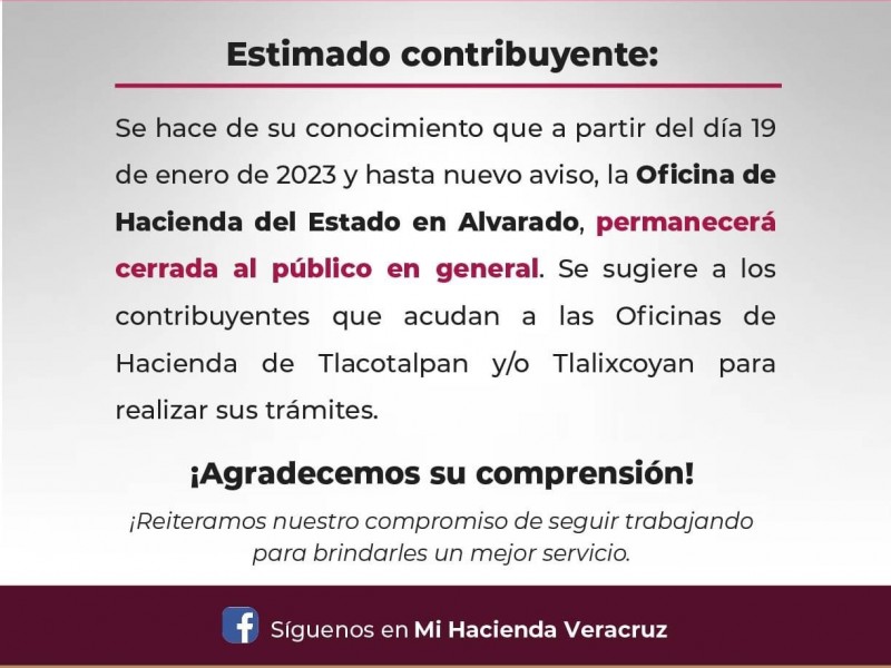 Cierran oficina de Hacienda en Alvarado