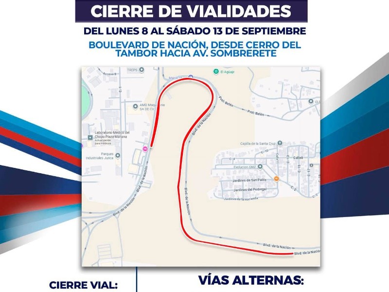 Cierran tramo vial por reparación de tubería del 8 al 13 de