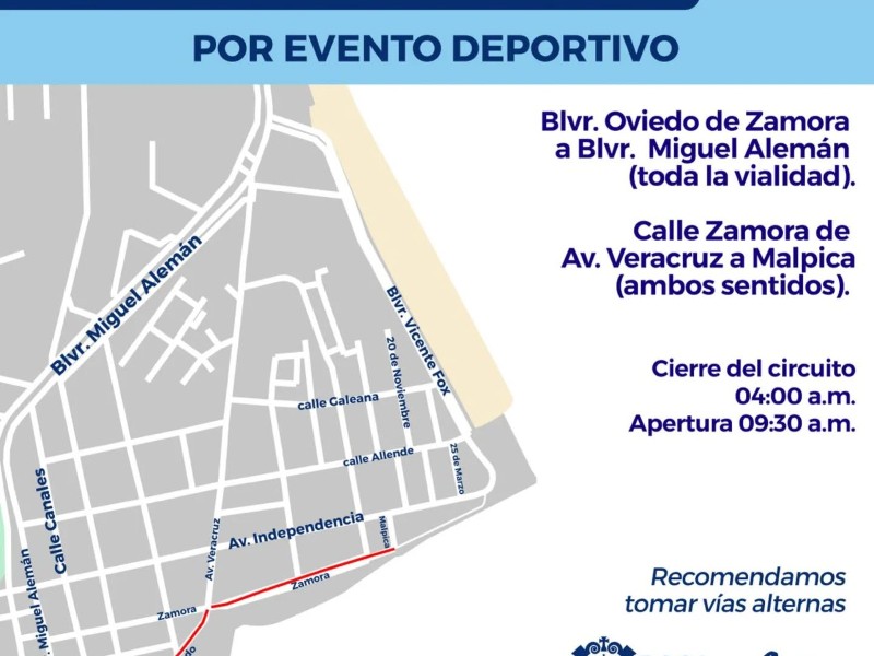 Cierre de vialidades por evento deportivo en Boca del Río