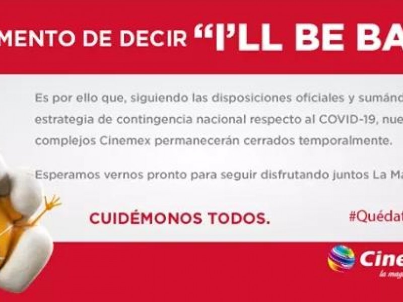 Cinemex anuncia cierre de salas por Covid 19