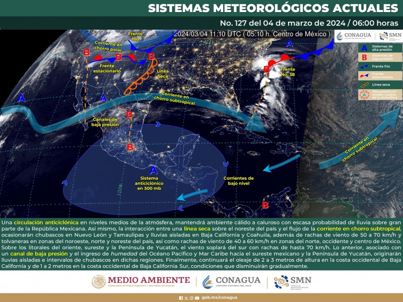 Circulación anticiclónica mantendrá ambiente cálido y caluroso en México