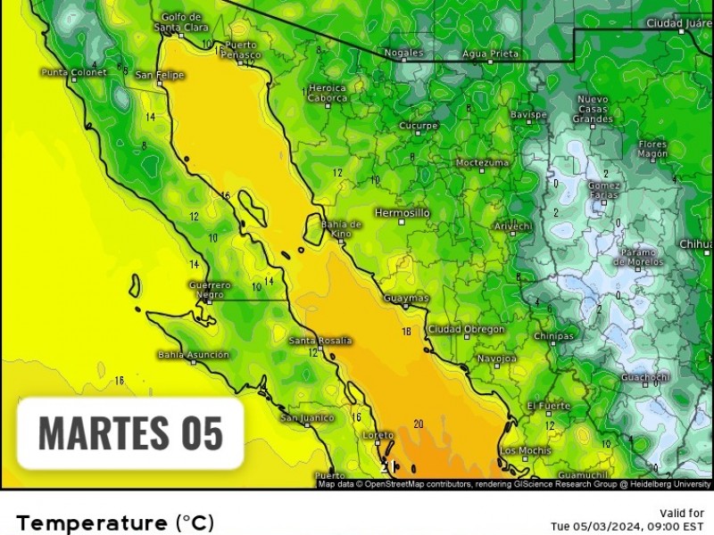 Clima en Guaymas con minima de 14°C