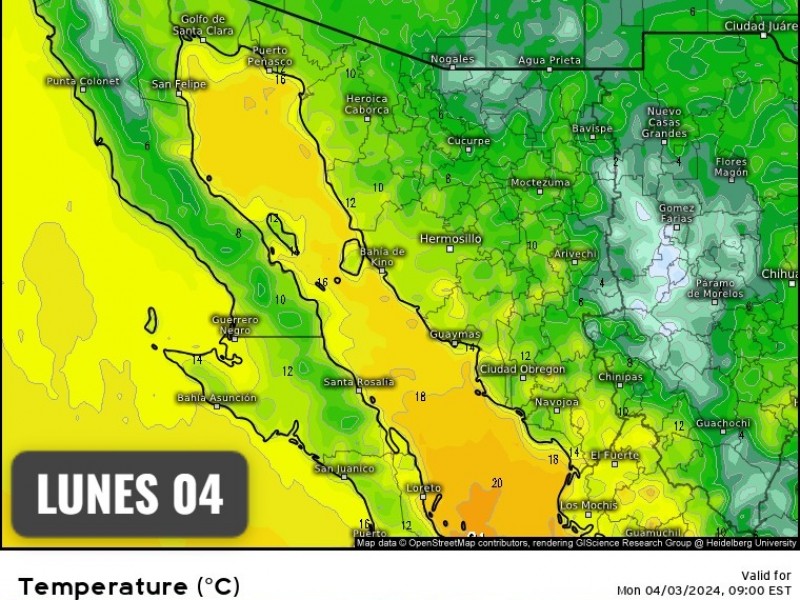 Clima en Guaymas con temperatura minima de 14°C