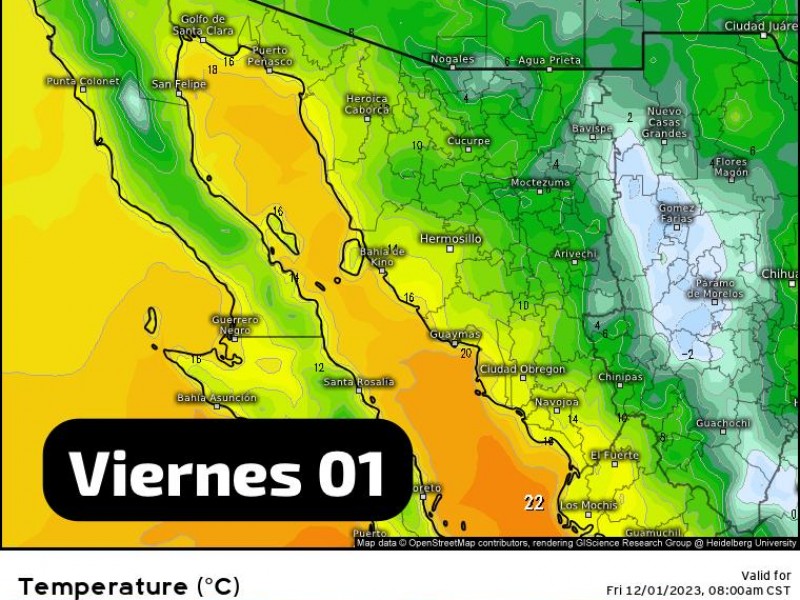 Clima en Guaymas con temperaturas máximas de 22°C