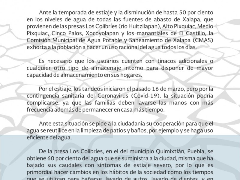 CMAS advierte cortes prolongados de agua en Xalapa