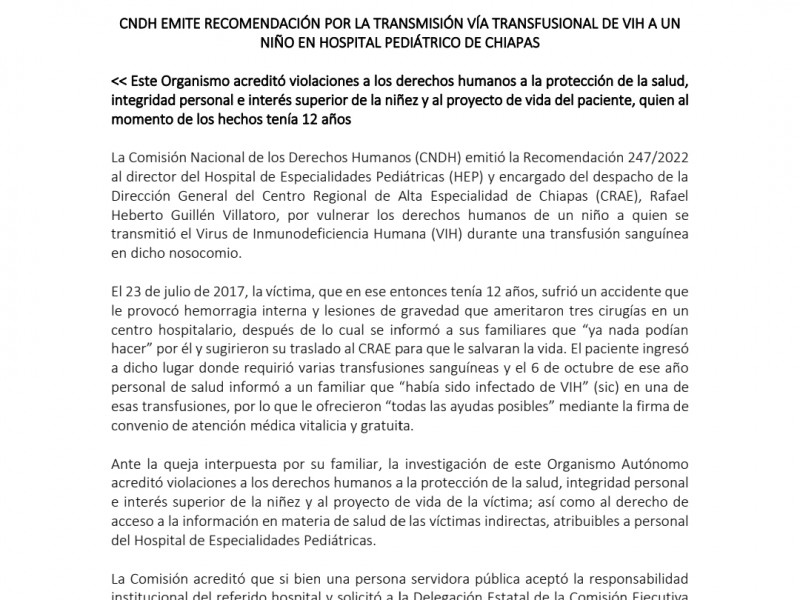 CNDH confirma contagio de VIH a menor en hospital pediátrico