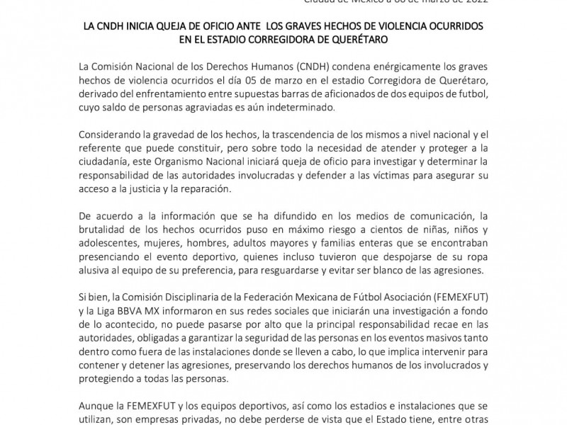 CNDH inicia queja de oficio por violencia en Querétaro