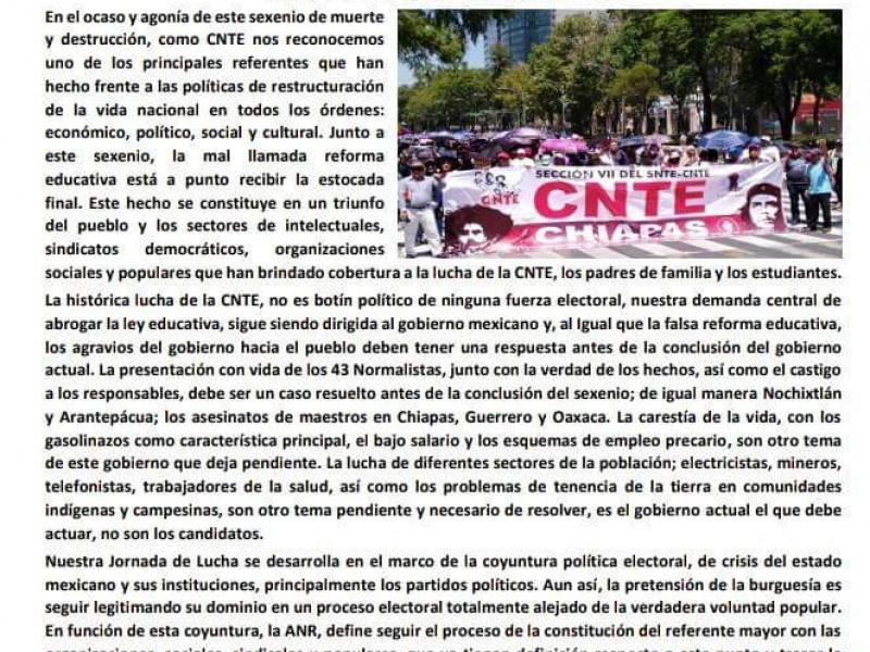 CNTE afirma que habrá paro de labores.