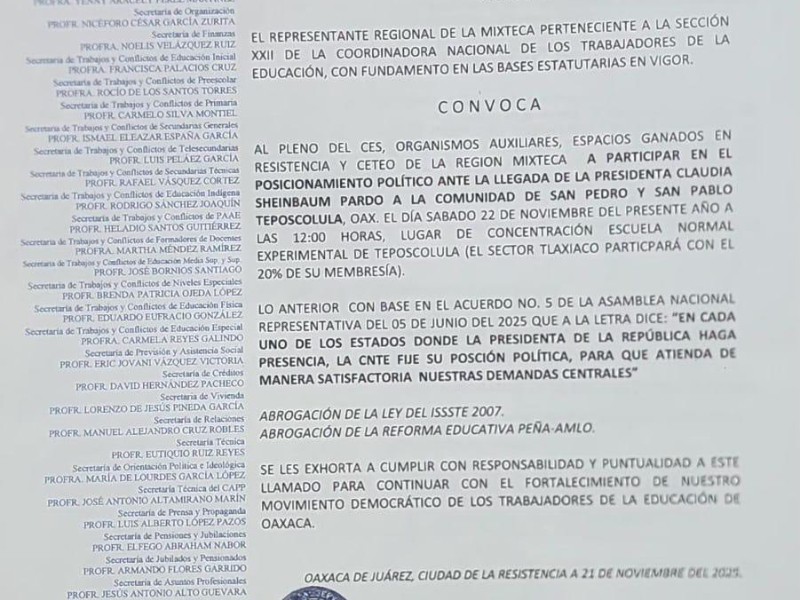 CNTE anuncia acciones durante visita presidencial en la mixteca Oaxaqueña