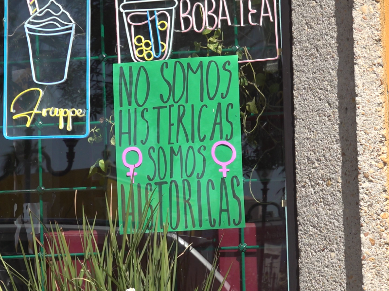 Comerciantes apoyan con carteles la marcha 8M