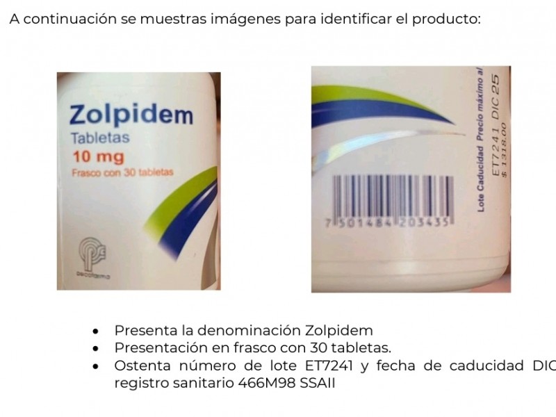 COFEPRIS emite Alerta Sanitaria por falsificación de Zolpidem