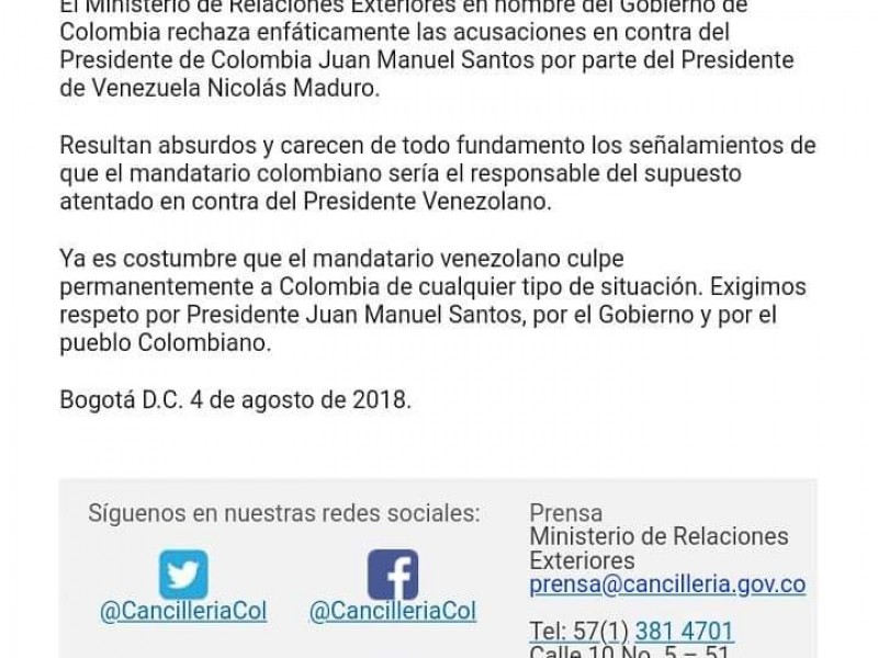 Colombia rechaza acusación de Maduro