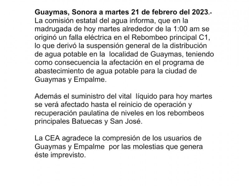 Comunicado de la Comisión Estatal del Agua informa