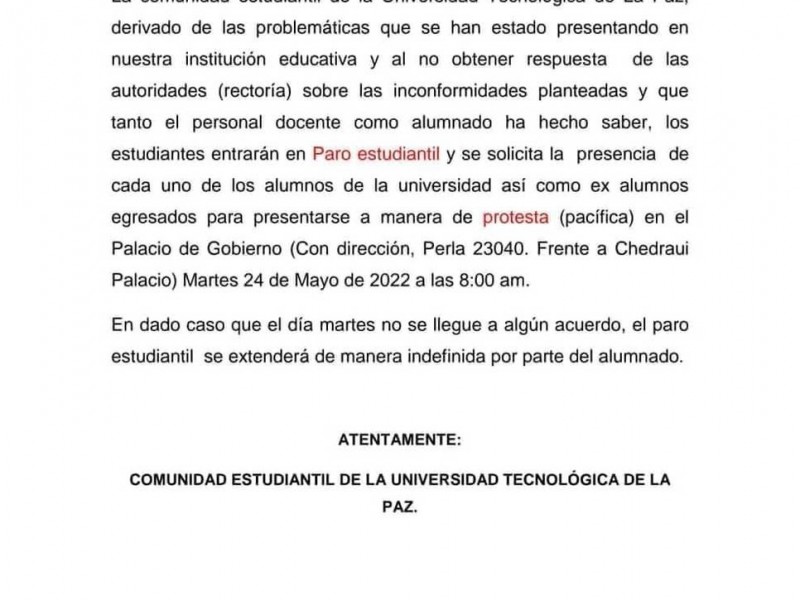 Comunidad estudiantil de la UTLP inconforme con rectoria