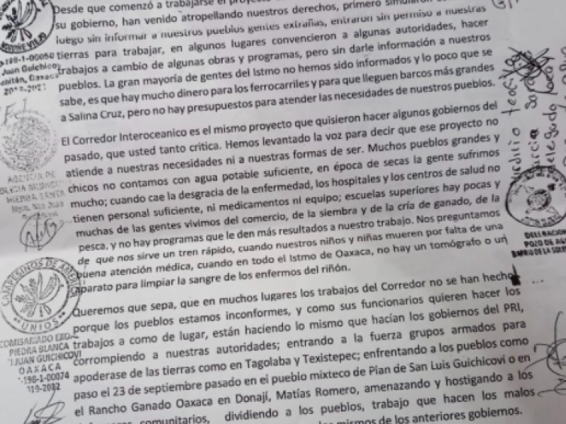 Comunidades indígenas envían carta a AMLO por el Corredor Interoceánico