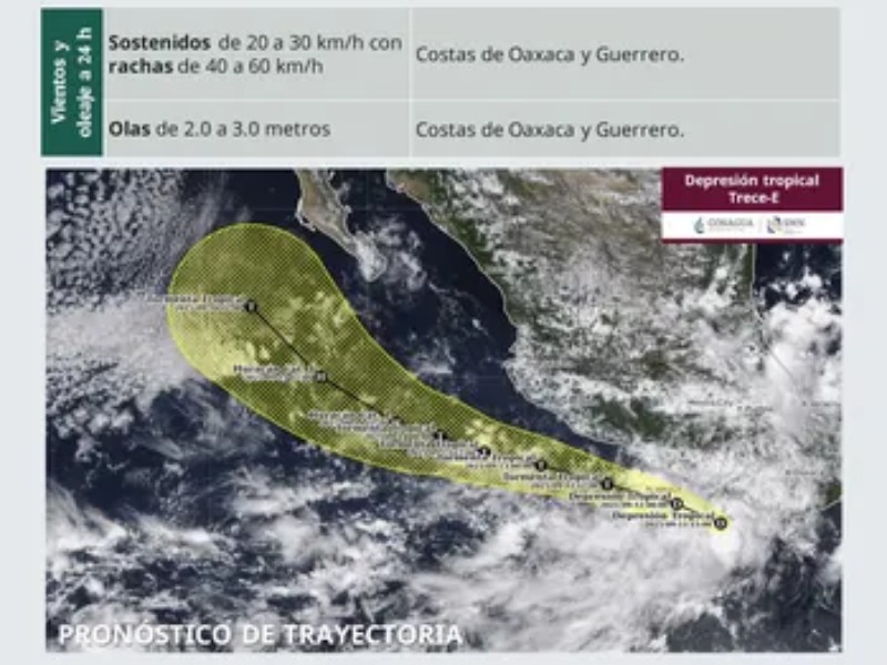Conagua emite alerta por depresión tropical Trece-E en Oaxaca
