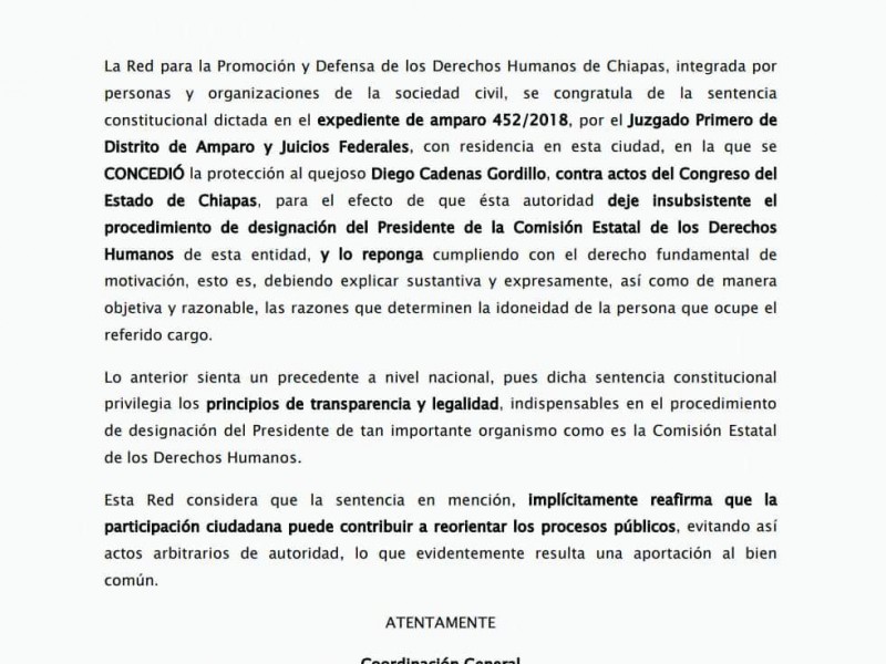 Concede  protección constitucional a Diego Cadenas Gordillo